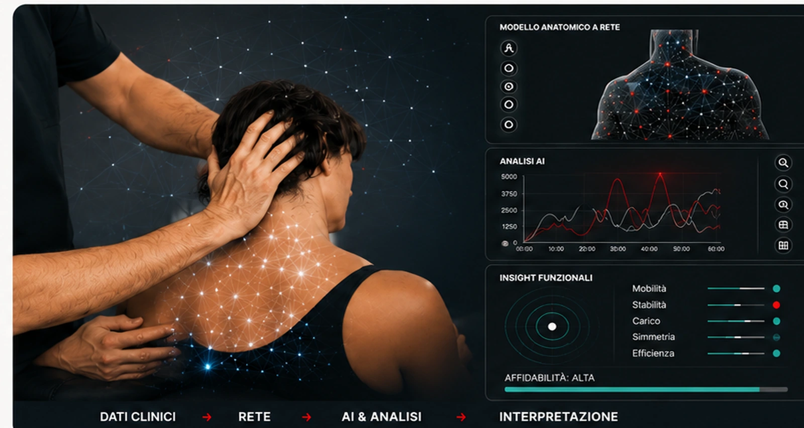 aNETomy Clinic AI: gesto clinico, rete anatomica, analisi AI e insight funzionali
