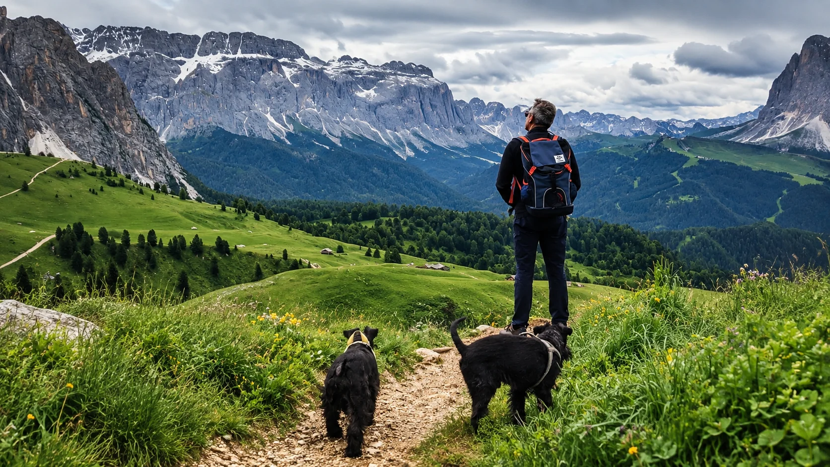 Escursionista di spalle con due cani davanti a un paesaggio di montagna